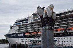 Decorative Marine Art at Salmon Landing Area Ketchikan with Celebrity Millennium in the background