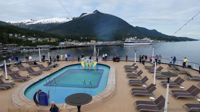 View of MS Amsterdam Seaview Pool with Ketchikan in the Background
